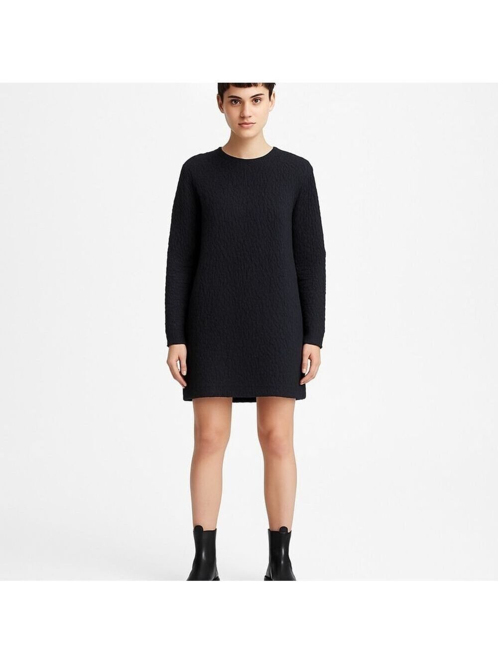 COS Black Textured Jersey Knit Long Sleeve Shift Dress Size M Minimalist Modern